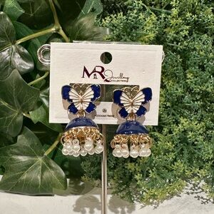 Blue and Gold Butterfly Earrings with Pearls
